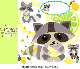 Cute Lemon Raccoons Set. Vector Illustration. Set of animals and fruits for logo, posters, printable.
