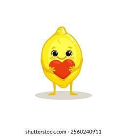 Cute lemon with red heart. Cartoon fruit in flat style. Food character illustration for kids. Vector illustration.
