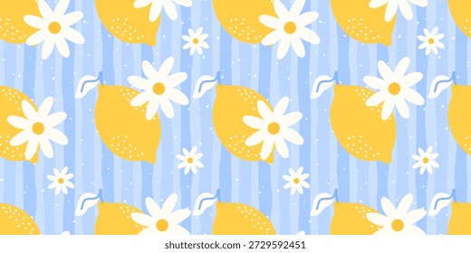 Cute lemon seamless background with yellow citrus, floral accents, and classic checkered texture. Ideal for spring prints, kitchen decor, and kawaii food packaging.