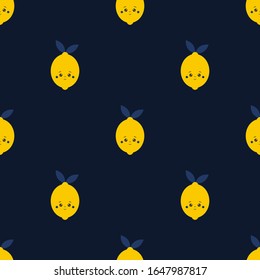 Cute lemon seamless, pattern. Funny tropical cartoon fruit with smiling face on dark blue background. Design for textile, wallpaper, fabric, wrapping, scrap, gift paper. Vector illustration