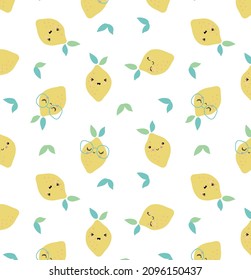 Cute Lemon Seamless Pattern Vector Illustration For Kids. Lemon Print Pattern Design. Lemon Background, Wallpaper. Can Be Used For Fashion Print Design, Kids Wear, Decoration, Wallpaper.