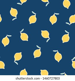 Cute Lemon Seamless Pattern Yellow Lemons on Navy Blue Background, Italian Lemons Pattern 