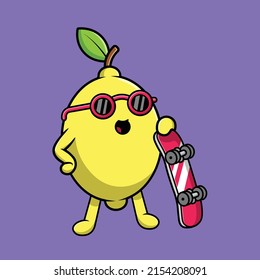 Cute Lemon Skateboarder Cartoon Vector Icon Illustration. Food Sport Icon Concept Isolated Premium Vector.