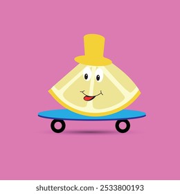 Cute lemon slice with hat on a skateboard