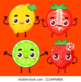 cute lemon and strawberry character vector