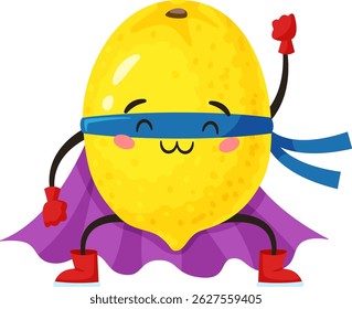 Cute lemon superhero wearing a mask and cape, raising a fist in a playful pose, embodies the fun of healthy eating habits for kids in this vibrant character illustration