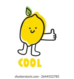 Cute lemon. Thumb up. Cool. Hand drawn flat vector illustration on white background.