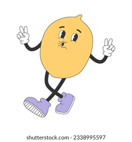 Cute lemon in y2k groovy style. Cartoon character in trendy retro style walking and whistling. Isolated vector illustration. 