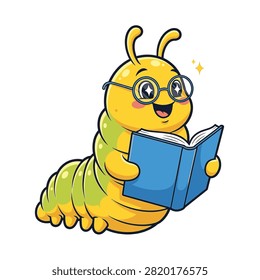 Cute lemon yellow and green cartoon caterpillar mascot wearing round glasses and reading a blue hardcover book, isolated on white background, studious bookworm character illustration.