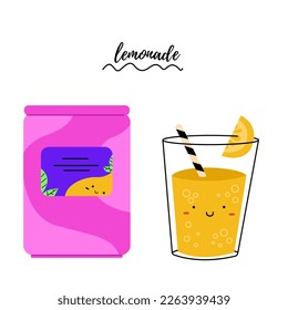 Vidrio y botella de limonada con limonada. Ilustración de estilo dibujada a mano por personajes de dibujos animados.