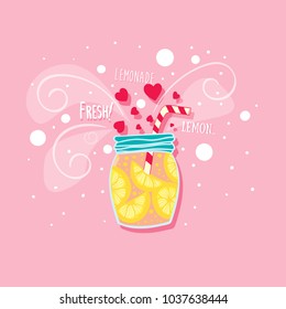 Cute lemonade in jar with straw on pink background, vector illustration