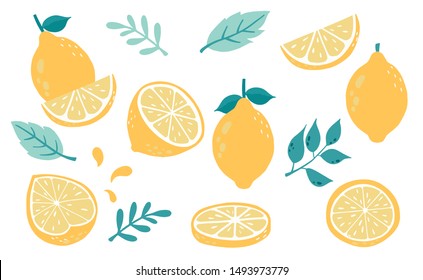 Cute lemon,citrus object collection.Whole, cut in half, sliced on pieces lemons. Vector illustration for icon,logo,sticker,printable