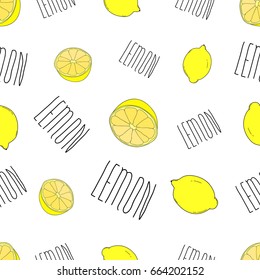 Cute lemons on a white background. Vector seamless pattern. Hand drawn cartoon illustration with hand witten letters.