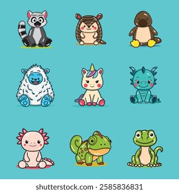 a cute lemur, armadillo, yeti, unicorn, baby dragon, chameleon, gecko, axolotl, and platypus illustration for design element