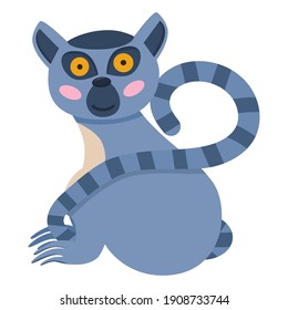 Cute lemur with big eyes in cartoon style is isolated on a white background. Long, striped tail. Vector illustration of lemur animals for children.