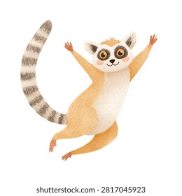 A cute lemur with big eyes jumping
