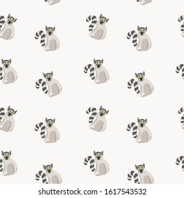 Cute lemur with big yellow eyes and a striped tail, geometric seamless pattern, vector on a white background. 