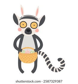 Cute lemur with bunny ears, holding Easter eggs in basket character illustration. Hand drawn flat style design, isolated vector. Holiday clip art, kids print element, seasonal card, banner, poster