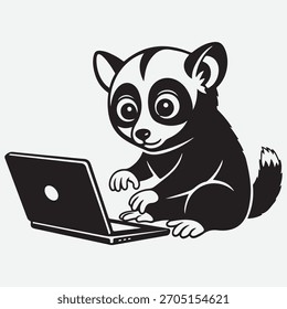 Digitação de caracteres de lêmure bonito em um notebook, ilustração vetorial