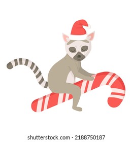 Cute lemur with Christmas hat on candy cane.