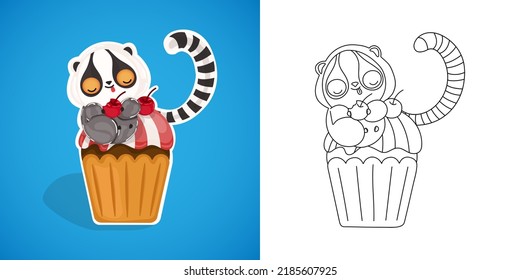 Cute Lemur Clipart For Coloring Page And Illustration. Happy Clip Art Lemur. Vector Illustration Of A Kawaii Animal For Stickers, Prints For Clothes, Baby Shower, Coloring Pages.
