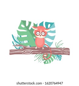 Cute lemur drawn in cartoon style by hand sitting on a tree branch in the jungle. Print for t-shirts, children's textiles, poster design. Flat vector illustration.