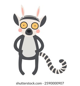 Cute lemur with Easter bunny ears character illustration. Hand drawn flat style design, isolated vector. Holiday clip art, kids print element, seasonal card, banner, poster