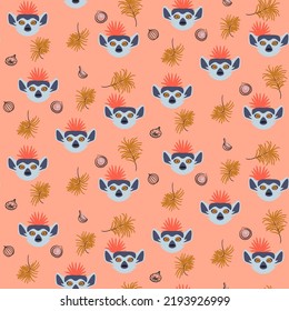 Cute Lemur and figs cartoon vector seamless pattern. Apparel textile wallpaper illustration design.