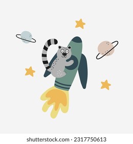 Cute lemur flying in space on rocket. Funny children illustration