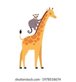 Cute Lemur and Giraffe Baby Animals, Exotic Tropical Fauna Element, African Savanna Inhabitant Cartoon Vector Illustration