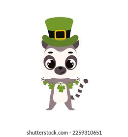 Cute lemur in green leprechaun hat with clover. Irish holiday folklore theme. Cartoon design for cards, decor, shirt, invitation. Vector stock illustration.