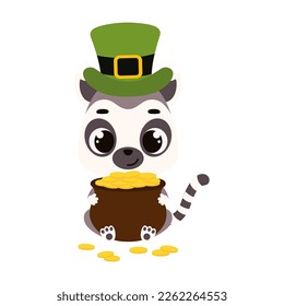 Cute lemur in green leprechaun hat holds bowler with gold coins. Irish holiday folklore theme. Cartoon design for cards, decor, shirt, invitation. Vector stock illustration.