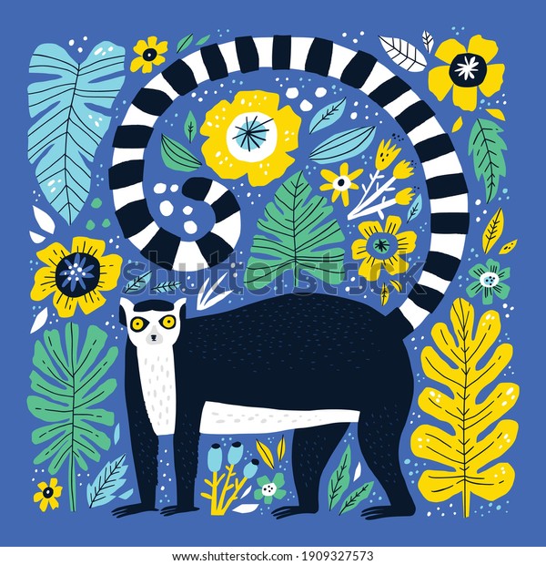 Cute lemur hand drawn flat vector illustration. Adorable catta cartoon character. Funny exotic animal with leaves and flowers isolated on blue background. Childish t shirt print design