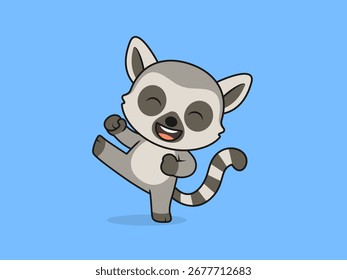 Cute Lemur High Kick Pose – Flat Vector Cartoon Illustration of a Lemur Character.