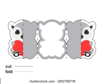 Cute lemur hold heart. Fold long greeting card template. Great for St. Valentine day, birthdays, baby showers. Printable color scheme. Print, cut out, fold. Colorful vector stock illustration.