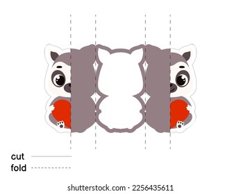 Cute lemur hold heart. Fold long greeting card template. Great for St. Valentine day, birthdays, baby showers. Printable color scheme. Print, cut out, fold. Vector stock illustration.
