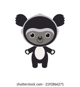 Cute lemur indri kawaii style. Little Madagaskar lemur cub adorable cartoon character isolated on white background.