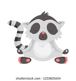 Cute lemur meditating with closed eyes. Animal with long black-and-white tail. Flat vector design