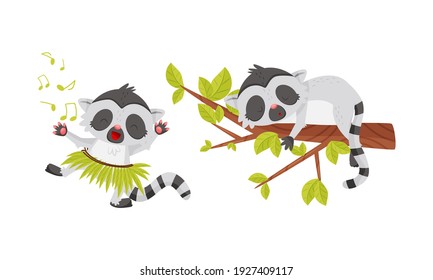 Cute Lemur as Primate with Long Striped Tail Dancing, Singing and Sleeping on Tree Branch Vector Set