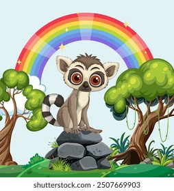 Cute lemur sitting on rocks with rainbow