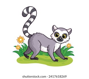 Cute Lemur stands on a green meadow. Walking ring tailed lemur drawn in  cartoon style.  African animals Vector illustration. 