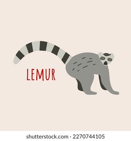 Lémur con cola rayada, ilustración plana. Lemur, simple personaje de doodle aislado en fondo blanco
