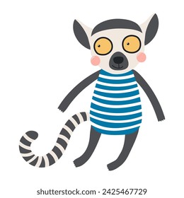 Cute lemur in a swimsuit, swimming cartoon character illustration. Hand drawn Scandinavian style flat design, isolated vector. Kids summer print element, animal on holidays, vacations, beach