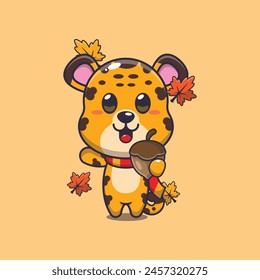 Cute leopard with acorns at autumn season. Mascot cartoon vector illustration suitable for poster, brochure, web, mascot, sticker, logo and icon.