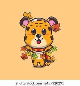 Cute leopard with autumn leaf decoration. Mascot cartoon vector illustration suitable for poster, brochure, web, mascot, sticker, logo and icon.