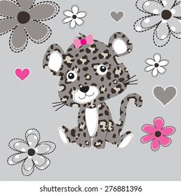 cute leopard baby with flowers, T-shirt design vector illustration