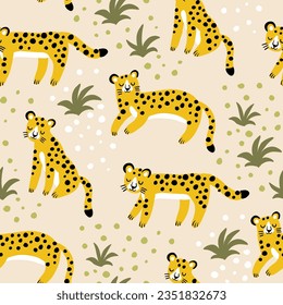 cute leopard baby neutral seamless pattern beige background