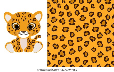 Cute leopard baby on white background. Vector illustration of wild animal in childish cartoon flat style.