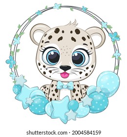 Cute leopard with balloons and a wreath. Vector illustration of a cartoon.