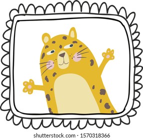 cute leopard in a black frame hello